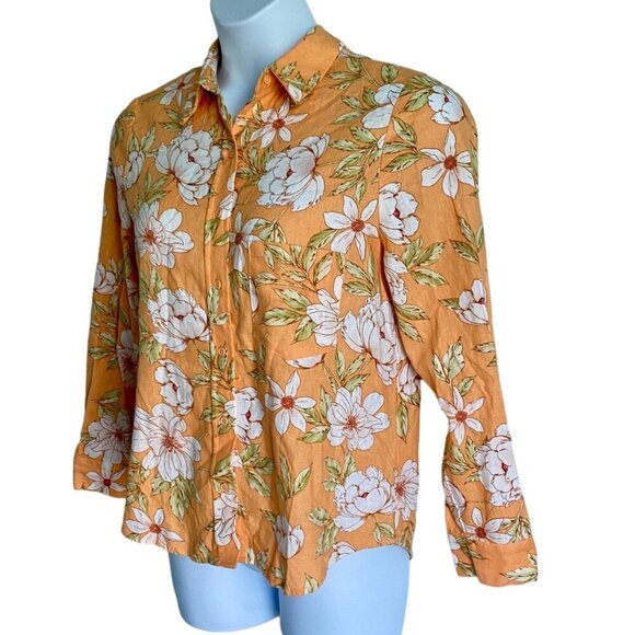 Blue Sol Linen Blend Floral Long Sleeve Button Up Shirt Roll Tab Women's Medium - Picture 3 of 10